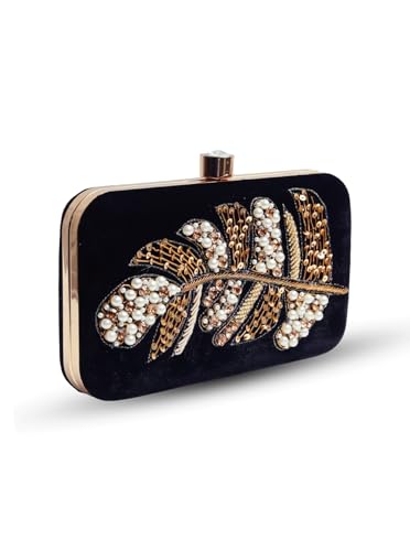 Image of THE TAN CLAN Afrah Hand Embroidered Leaf Clutches Purse Luxury Evening HandBags for Women