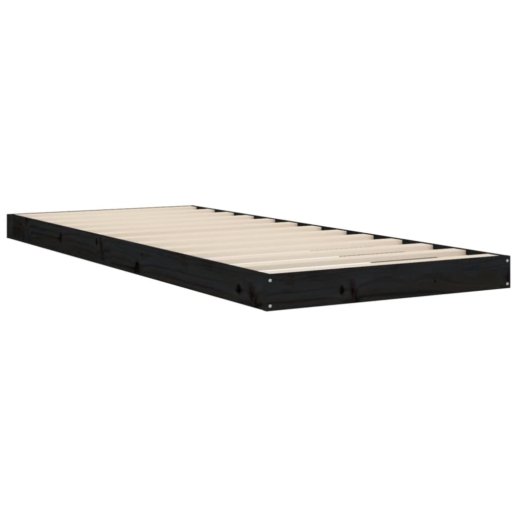 Cama individual de madera maciza de pino, color negro, 75 x 190 cm, con somier de láminas robusto, estructura de madera de pino maciza, ideal para habitaciones juveniles y espacios pequeños