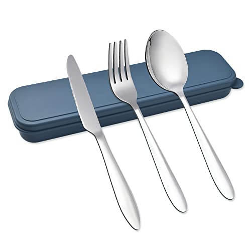 Travel Utensils With Case, Stainless Steel Silverware Set for Lunch Box, Portable Camping Cutlery Fork Spoon Knife, Reusable Utensil Set Flatware for Picnic School, Dishwasher Safe (Blue)