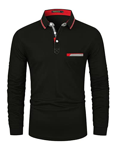 VMSUCIJ Poloshirt Herren Langarm Baumwolle Regular Slim Fit Plaid Denim Golf Polohemd M-3XL,Schwarz 38,XL