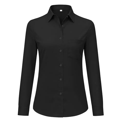 Button Down Shirts Women Wrinkle-Free Dress Shirt Long Sleeve Collared Work Office Business Soft with Pocket X-Large 00025_black