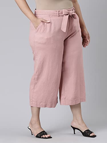 Image of GO COLORS Solid Linen Culottes for Women | High Rise, Side Pockets, Front tie-up