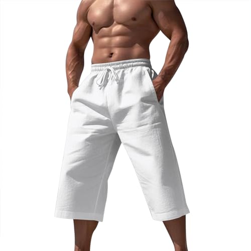 Fxbar Gym Shorts Men Mens Casual Linen Cotton Harem Pants Loose Lightweight Capri Slacks Elastic Waist Hippie Beach Yoga Pants for Men White