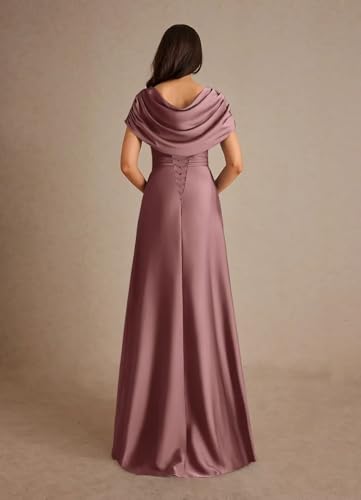 Women's Satin Mother of The Bride Dresses Long for Wedding Cape Sleeves Ruffles Formal Evening Gown with Slit2