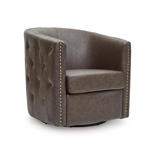 Image of Signature Design by Ashley Brentlow Swivel Chair with Faux Leather Upholstery, Barrel‑Back Seating, Antiqued Nailhead Trim and Tufted Sides for Living Room or Bedroom, Dark Brown