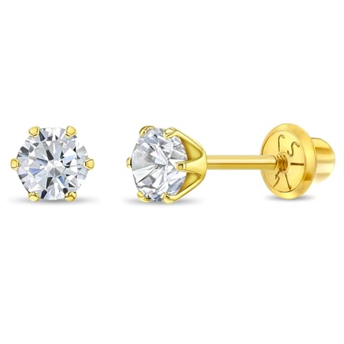 14k Yellow Gold 4mm Solitaire Round Simulated Birthstone Screw Back Stud Earrings for Girls - Small Stud Earrings for Kids with Safety Screw Back Locking