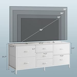 Huuger Dresser with 7 Drawers, 47 Inch Dresser TV Stand for 43, 50, 55 Inch TV, Fabric Dresser Chest of Drawers, PU Leather, Metal Frame, Storage Dresser for Bedroom, Nursery, Clothing, White Dresser Huuger Dresser with 7 Drawers 47 Inch Dresser TV Stand for 43 50 55 Inch TV Fabric Dresser Chest of Drawers PU Leather Metal Frame Storage Dresser for Bedroom Nursery Clothing White Dresser