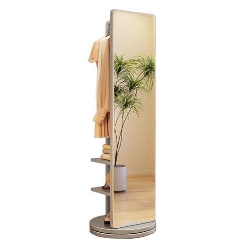 Perchero de madera con espejo giratorio de 360° para sala de estar, dormitorio, guardarropa, ahorro de espacio, espejo de suelo y perchero 2 en 1