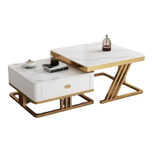 Image of Handmade Drawer Square 20 inchx20 inch Coffee Table /Nesting Table /Side Table /Center Table with Marble Finish Top for Living Room /Drawing Room (White & Gold)