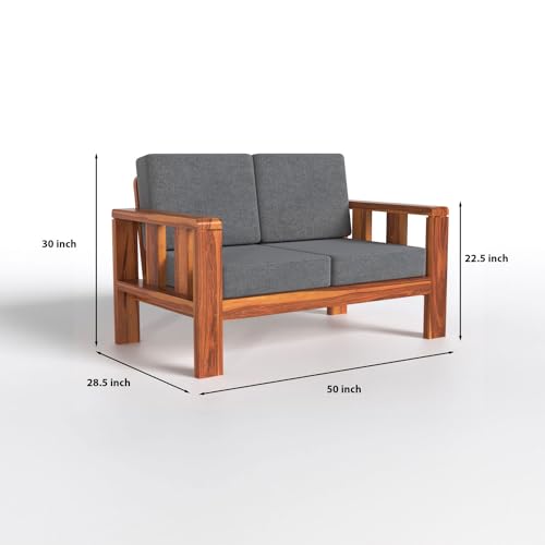 Image of Sheesham Wood 2 Seater Sofa Set with Cushions | Living Room & Office | Natural Teak Finish | Solid Wood Frame | Compact 2 Seater Design