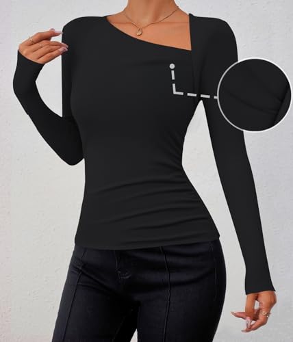 ZESICA Women's Long Sleeve Tops 2025 Fall Asymmetrical Neck Slim Fitted Chunky Y2K Knit Shirts Clothes2