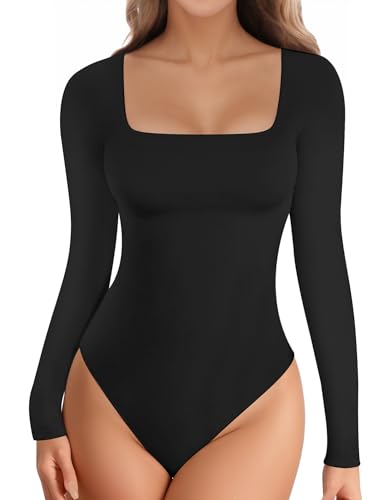 Long Sleeve Square Neck Bodysuits for Womens Body Suits Tops Going Out Basic Leotards Outfits Shirt Shapewear