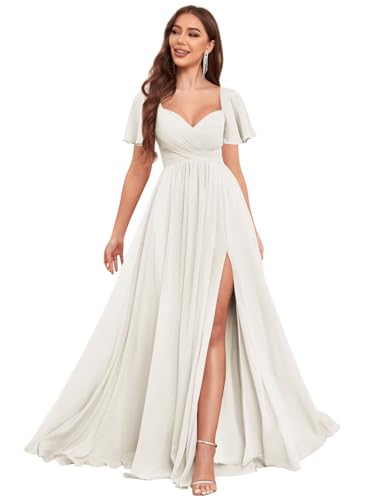 Chiffon Bridesmaid Dresses Long Scoop Neck Short Sleeve Pleated Formal Dress with Slit