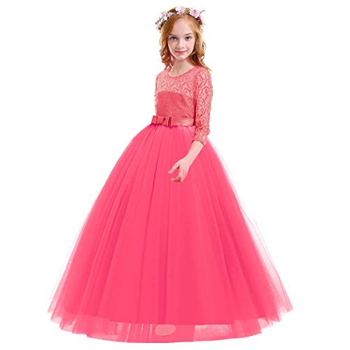 Image of Girls Flower Vintage Floral Lace 3 /4 Sleeves Floor Length Dress Wedding Party Evening Formal Pegeant Dance Gown