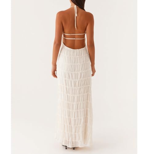 Women Backless Dress Sleeveless Textured Halter Open Back Maxi Dresses Vacation Wedding Guest2