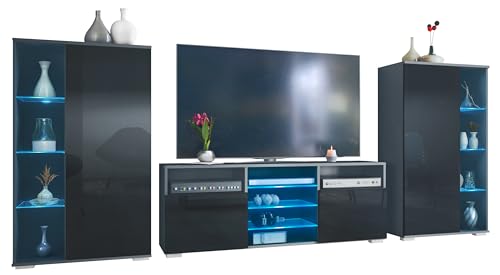 Vladon Wohnwand Davos, Anbauwand bestehend aus 2 Vitrinen und 1 TV-Board, Anthrazit matt/Schwarz Hochglanz inkl. LED-Beleuchtung (329 x 134 x 35 cm)
