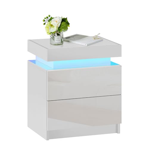 Ofcasa Nightstand Set Of 2 With Led Light Modern Bedside Table With 2 High Gloss Drawers Smart Night Stand For Bedroom And Living Room(White) thumb #7