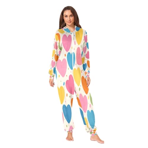 Nexawaveo Pijama enterizo de forro polar ultrasuave para adultos, diseño de corazón brillante, acogedor, con capucha, de cuerpo entero y bolsillo, Collage de corazones coloridos, Large
