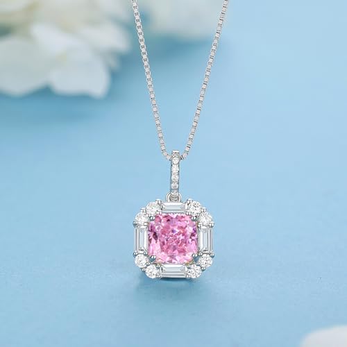 925 Sterling Silver Necklace for Women, Halo 2Ct Square (7x7MM) Imitation-diamond 5A Cubic Zirconia Pendant 18"+2" Perfect Jewelry Gifts3