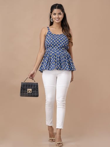 Image of feranoid Women Cotton Printed Sleeveless Strap Peplum Top