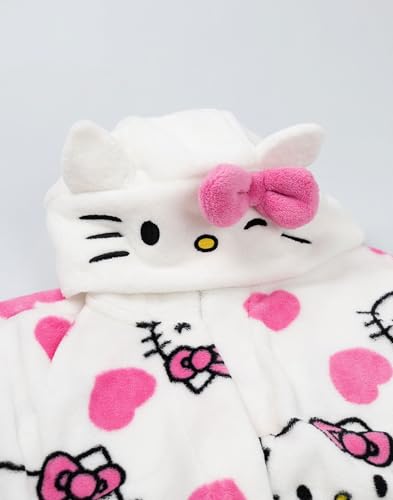 Hello Kitty Damen-Bademantel mit Kapuze in Weiß | Kuschelige Fleece-Loungewear mit rosa Akzenten und langen Ärmeln | Cartoon-Charakter-Design | Perfekt für entspannte Tage