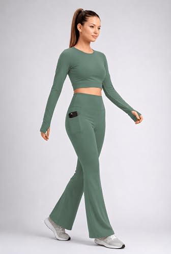 Image of PINAAK FASHION Women's Yoga Co-Ord Set | Full Sleeve Crop Top & Flared High Waist Yoga Pants with Pocket | Thumb Hole Sleeves | Bell Bottom Gym Wear Activewear Tracksuit for Workout, Running & Lounge