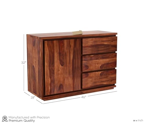 Image of Solid Sheesham Wood Natural Finish 3 Drawer & 1 Door Chest Cabinet Storage Organizer Sideboard Console Cupboard Kitchen Buffet Unit Home Furniture for Office Living Bed & Dining Room