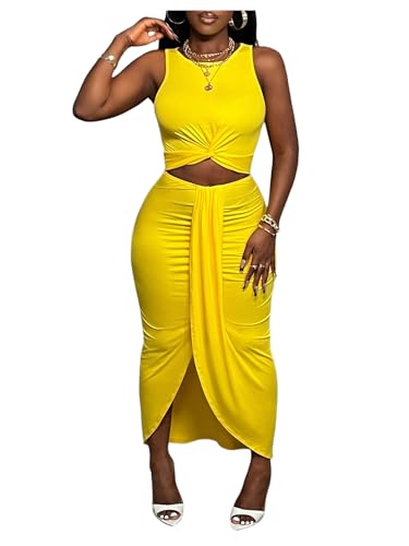 SweatyRocks Women's Twist Cut Out Dress Sleeveless Ruched Crew Neck Bodycon Maxi Dresses