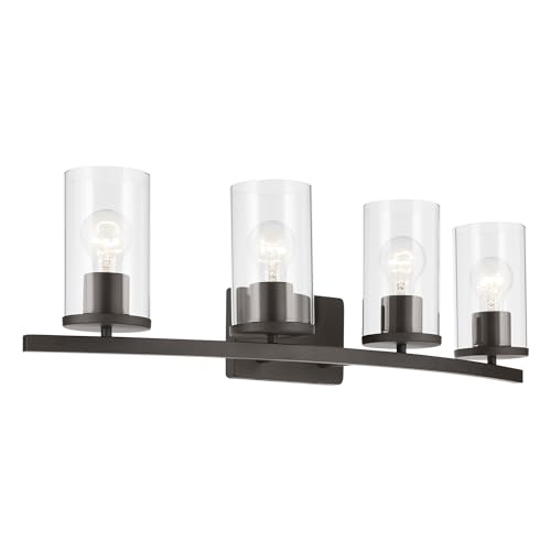 Image of Kichler Crosby 4-Light Bathroom Vanity Light Fixture with Clear Glass, 31.25 inch Modern Wall Mount Light in Olde Bronze for Bathroom Over Mirror (31.25 inch x 8.75 inch), 45498OZCLR