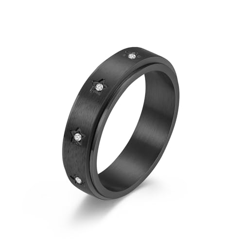 Bague rotative anti-stress homme femme noire avec étoiles diamantées taille 8