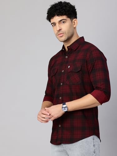 Image of Majestic Man Men's Pure Cotton Cargo Checkered Shirt with Dual Flap Pockets - Slim Fit | Full Sleeve | Casual Wear | Trendy & Comfortable