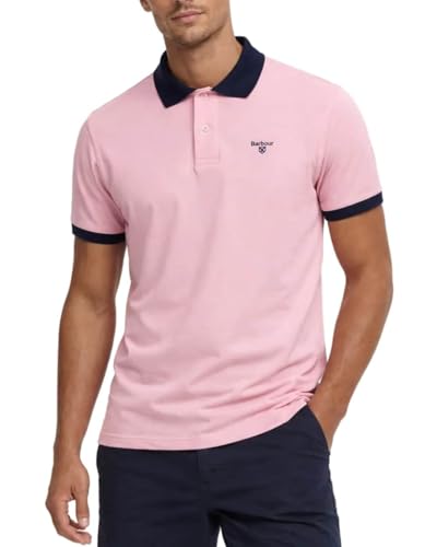 Image of Barbour Men’s Lynmouth Tipped Polo Shirt – 100% Cotton Lightweight Tailored Fit Short Sleeve Smart Casual Summer Top with Embroidered Logo (UK, Alpha, XL, Regular, Regular, Mineral Pink)