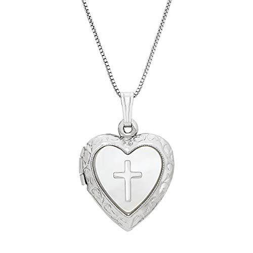 Natural Mother-of-Pearl Heart with Cross Locket in Sterling Silver, 18
