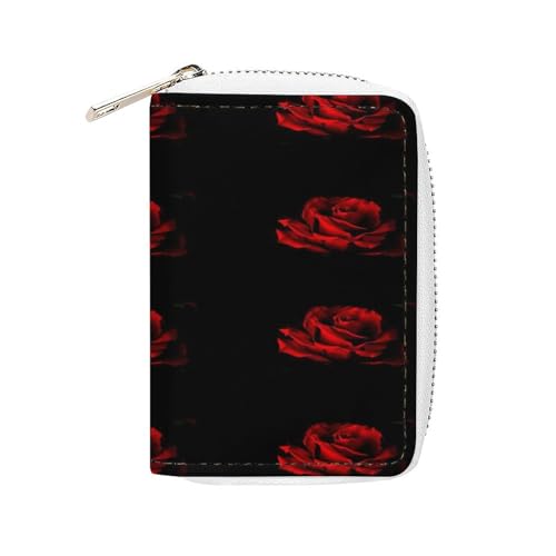 Women Leather Coin wallet, Key Change Organizer Zipper Card Holder Purse Clutch Pouch Pocket 4.5x3.15 in Print Red Rose Petal on Black Background