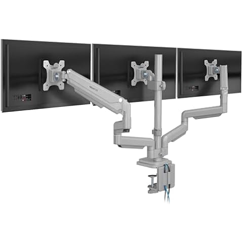 Mount-It! Triple Monitor Mount with USB and Audio Ports, 3 Monitor Desk Mount, Balanced Height Adjustable Triple Monitor Stand for Three Computer Screens 24 27 30 32 Inch VESA Screens, Gaming, Office Cover