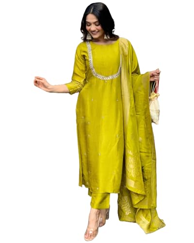 Image of GoSriKi Women's Silk Blend Straight Embroidered Kurta with Pant & Dupatta