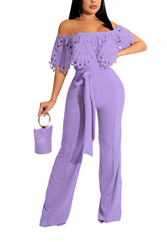 Image of Off Shoulder Jumpsuit for Women High Waist Wide Leg Long Pants Jumpsuits