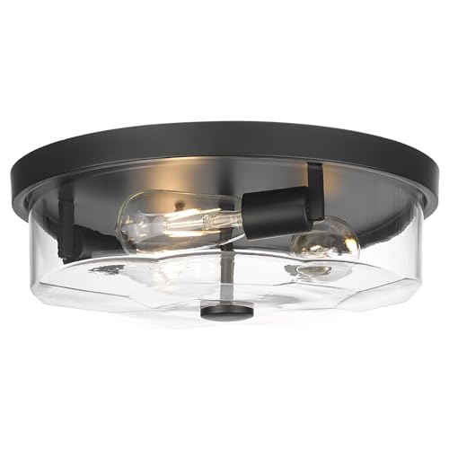 Luminzone Flush Mount Ceiling Light with Clear Glass Shade, 3-Light Indoor Outdoor Farmhouse Lighting Flush Mount Lights for Kitchen Bedroom Porch Living Dining Room (Black)