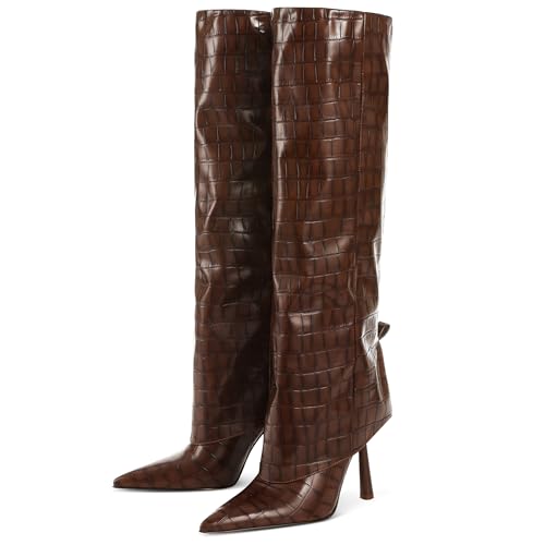 Oiamenne Knee High Boots Women's Fold Over Boots Pointed Toe Stiletto Heel Tall Boots Slip On Sexy Long Boots Fashion Dress Boots for Women