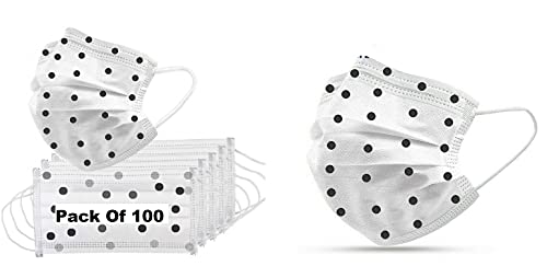 Image of Dot Printed Masks for Women Surgical 3 Layer Masks with Nose Clip White Disposable Pack of 100 Pieces Pcs Pin 3 Ply Face Masks Comfortable Earloop 3 Layers Use and Throw Face Masks 3Ply