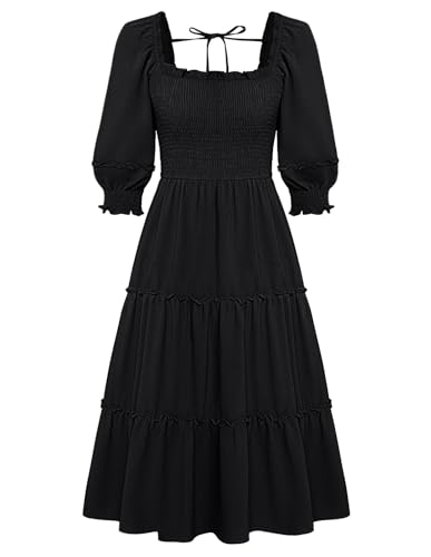 JASAMBAC Dresses for Women 3/4 Sleeve Square Neck Smocked Ruffle Tiered Flowy A Line Casual Midi Black Dress S