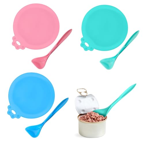 OUDQFCJ 3 Pezzi Coperchi Universali in Silicone Conservazione Alimenti Animali, con Tre Cucchiai, Tappi per Lattine e Scatolette, Contenitore Cibo Cani e Crocchette, per Lattine di Gatti (3 Colori)