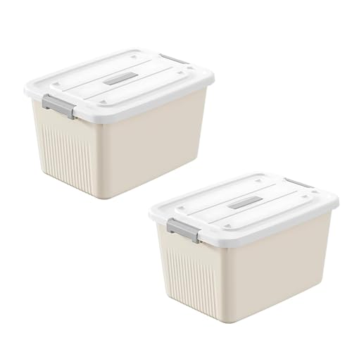 Image of Ash & Roh Plastic Storage Box /Bin /Container with Locking Lid - Sturdy and Versatile Home Organizer, Available in Multiple Size. (2, CREAM, medium 25cm X 34 cm X 18 cm)