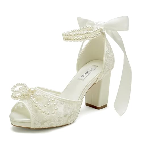 Image of Lace Pearl Wedding Shoes for Bride High Heel Bridal Shoes Peep Toe Platform Wedding Heels