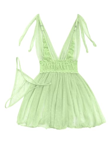 Image of Lilosy Sexy Polka Dots Mesh Sheer Lace Babydoll Chemise Lingerie Set Floral Sleep Wear