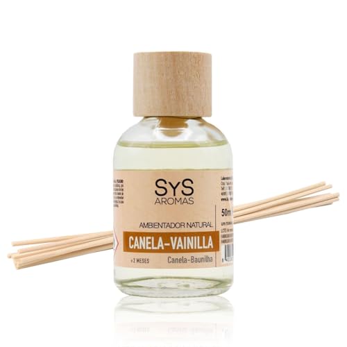 SYS Aromas Ambientador Mikado Canela y Vainilla - Difusor con Varillas de Ratán - Larga Duración - Ideal para Hogar, Oficina, Baño - 50 ml con 8 Varillas