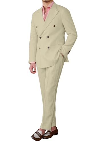 Men's Linen Suit Slim Fit 2 Piece Suits Double Breasted Suits Wedding Prom Tuxedos Business Casual Suit