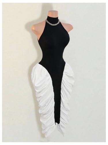 GORGLITTER Women's Ruched Color Block Halter Midi Dress Elegant Classy Backless Summer Teacher Vegas Cocktail Sundress3