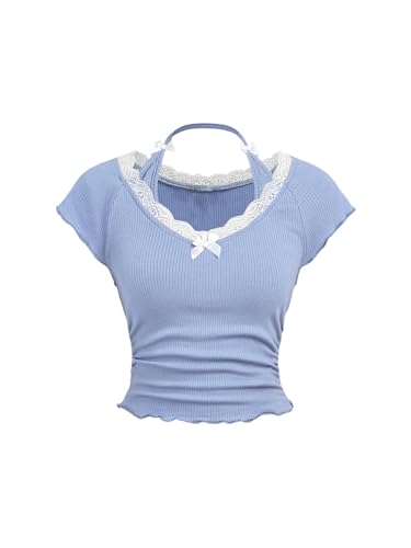 Girl's Lace Trim Cap Sleeve Crop Tops Bowknot Ruched Halter Neck T Shirts Cutecore Clothes