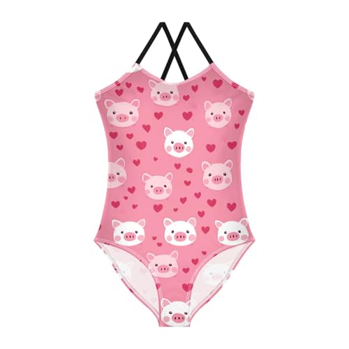 Cute Pig Girls One Piece Swimsuits Pink Hearts Sport Halter Swimwear Beach Bathing Suit 3T